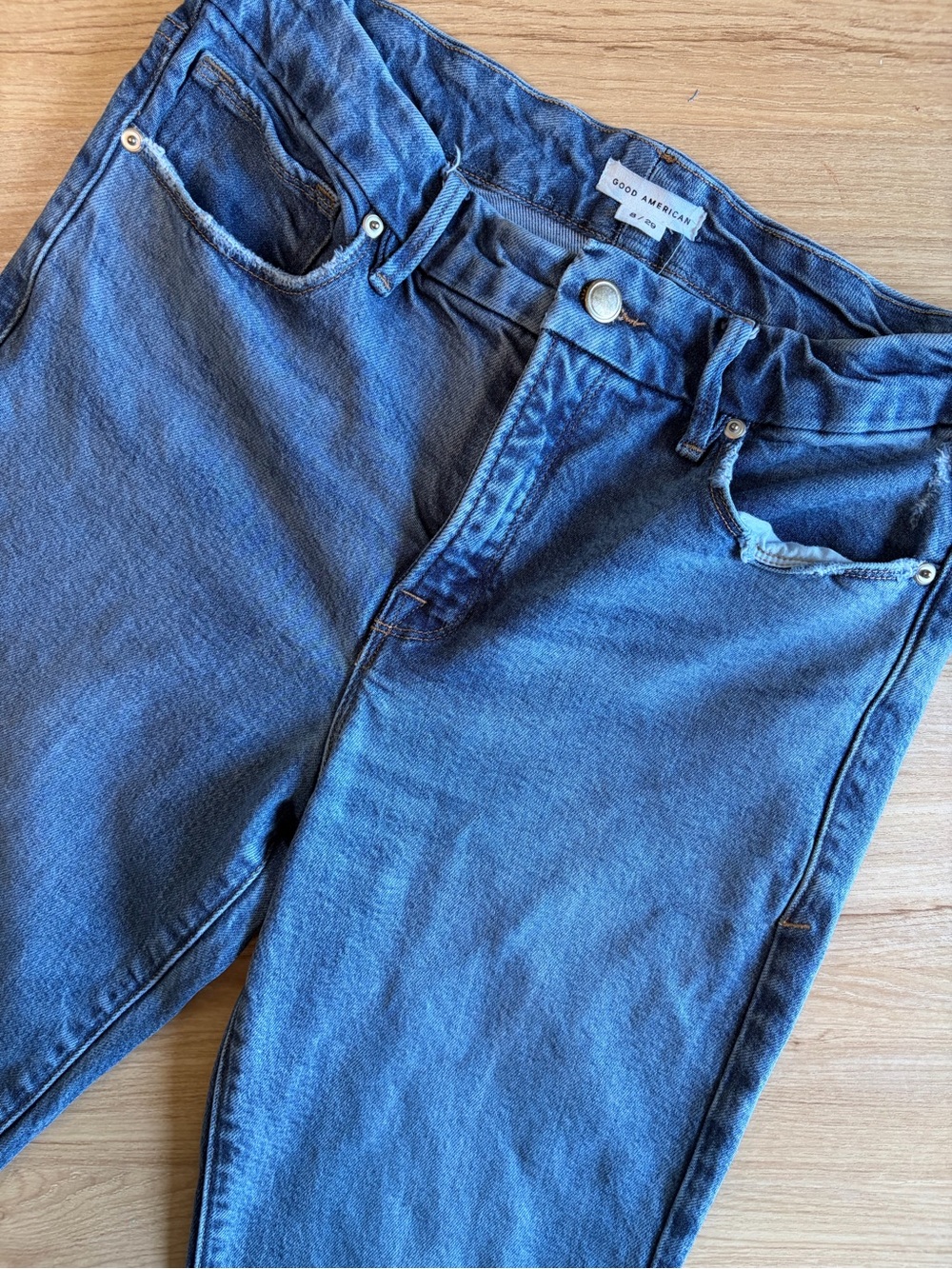 Good American Good Legs Straight Jeans Size 8 29 High Rise Raw Distressed Hem